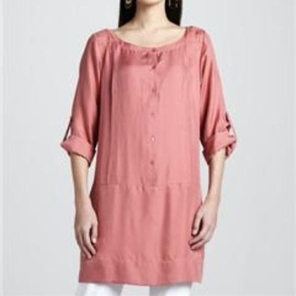 Eileen Fisher Coral Sandwashed 100% Silk Roll-tabbed Tunic~Dress- Small
